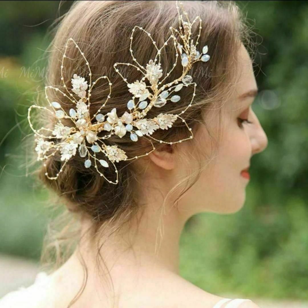 ヘッドドレスゴールド大きめウェディングブライダルティアラヘアアクセサリー結婚式 レディースのヘアアクセサリー(その他)の商品写真