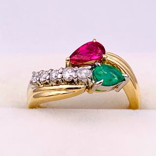 ✴︎極美品　PT900 K18 エメラルド ルビー 0.18ct ダイヤ リング(リング(指輪))