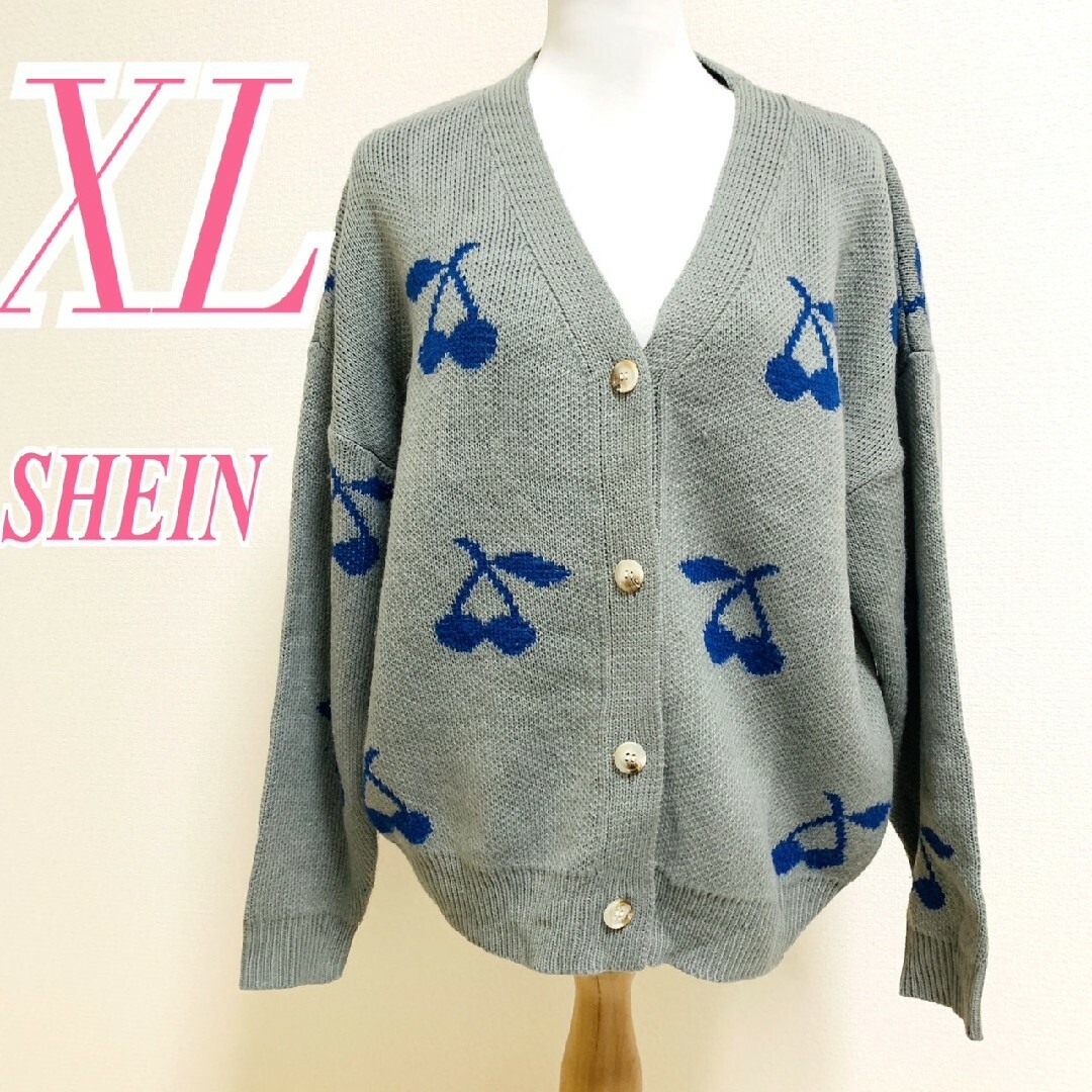 SHEIN(シーイン)のシーイン　カーディガン　XL　グレー　ブルー　さくらんぼ　Vネック　アクリル レディースのトップス(カーディガン)の商品写真