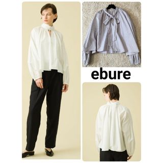 エブール(ebure)の美品 エブール ショート丈 コットン ボウタイブラウス ストライプ パフスリーブ(シャツ/ブラウス(長袖/七分))