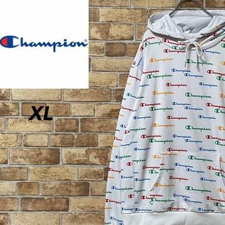 チャンピオン(Champion)のチャンピオン　パーカー　スウェット　ビッグシルエット　総柄　白　ホワイト　XL(パーカー)