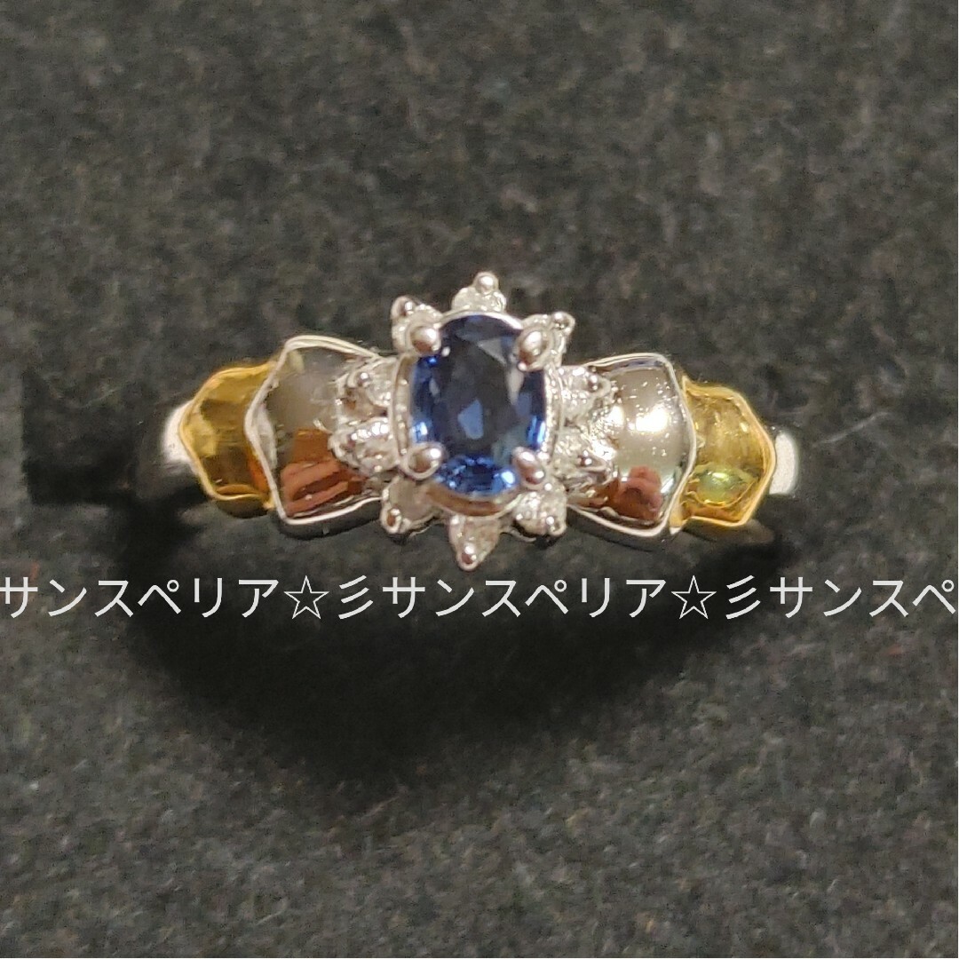 Pt900 &K18 サファイアとダイヤモンドのフラワーリボンリング レディースのアクセサリー(リング(指輪))の商品写真