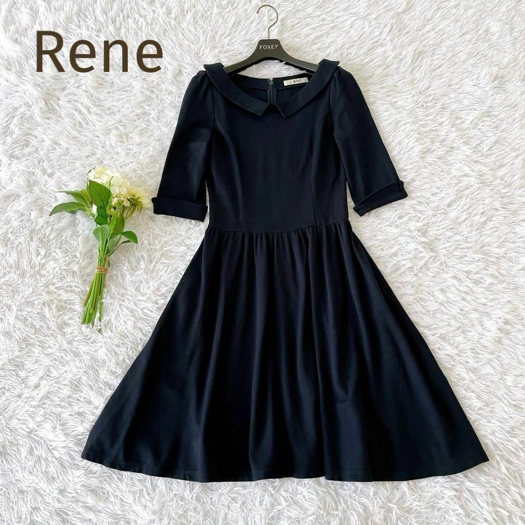 René(ルネ)の☆Rene☆襟付き7分袖フレアワンピース  Aラインダークネイビー サイズ34 レディースのワンピース(ひざ丈ワンピース)の商品写真