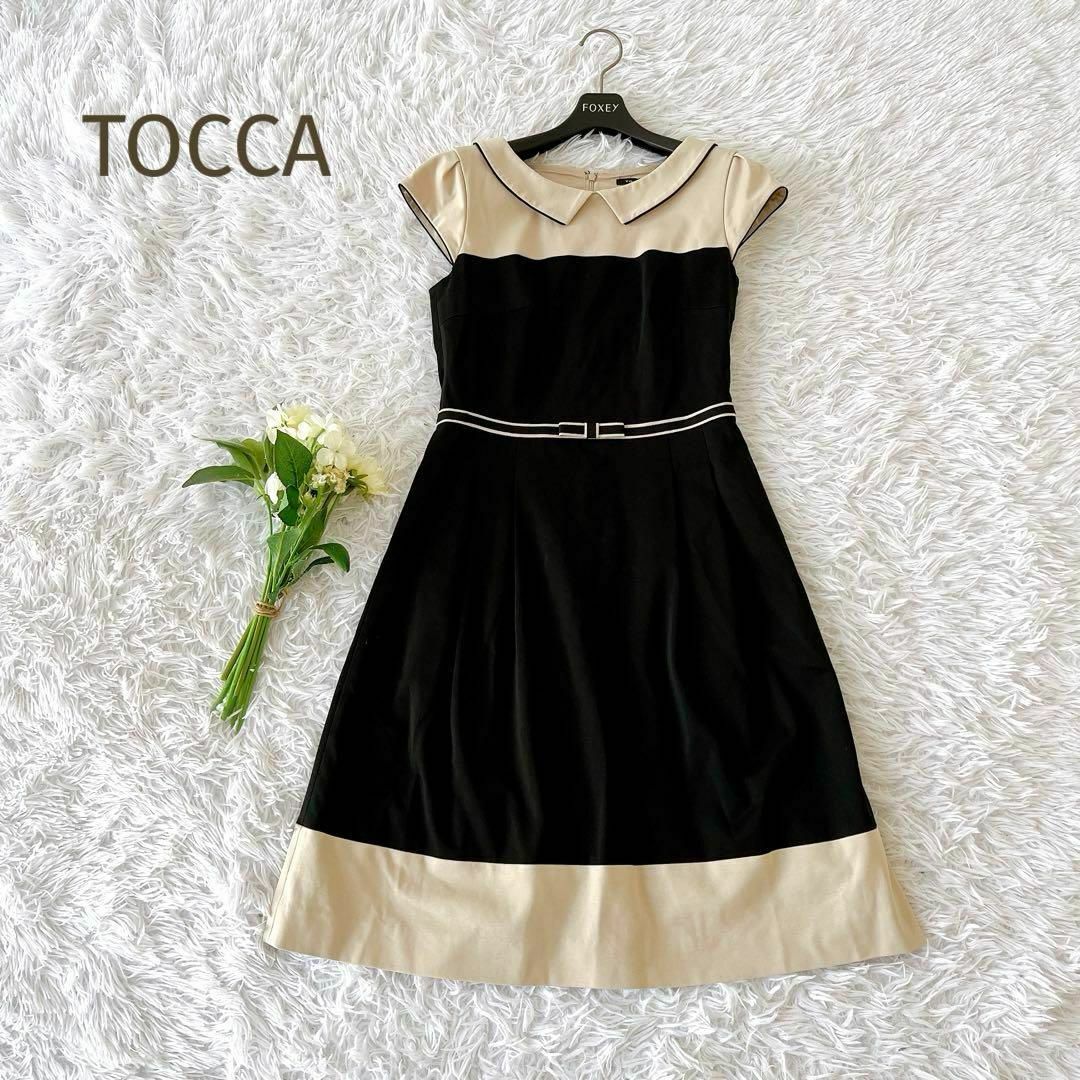 TOCCA(トッカ)の美品☆TOCCA☆ツートンカラーフレンチスリーブフレアワンピース ベージュ黒 2 レディースのワンピース(ひざ丈ワンピース)の商品写真