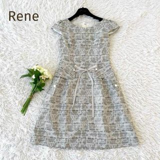 ルネ(René)の極美品☆Rene☆フロントジップポケット 総柄ワンピース リボン サイズ36(ひざ丈ワンピース)