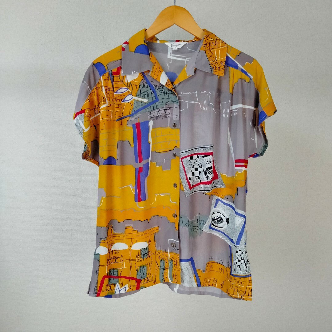 VINTAGE(ヴィンテージ)の90s 総柄　柄シャツ　オープンカラー　半袖　ストリート　古着 レディースのトップス(シャツ/ブラウス(半袖/袖なし))の商品写真