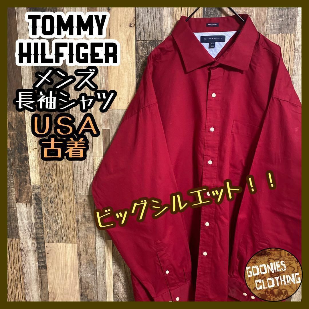TOMMY HILFIGER(トミーヒルフィガー)のトミーヒルフィガー 刺繍 ロゴ 長袖 シャツ レッド メンズ XXL USA古着 メンズのトップス(シャツ)の商品写真