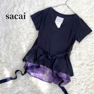sacai - サカイ リネン 異素材切替 ドッキング チェック カットソー Tシャツ リボン
