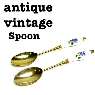 美品【 antique アンティーク 】レトロスプーン　陶器　ゴールド　花柄(カトラリー/箸)