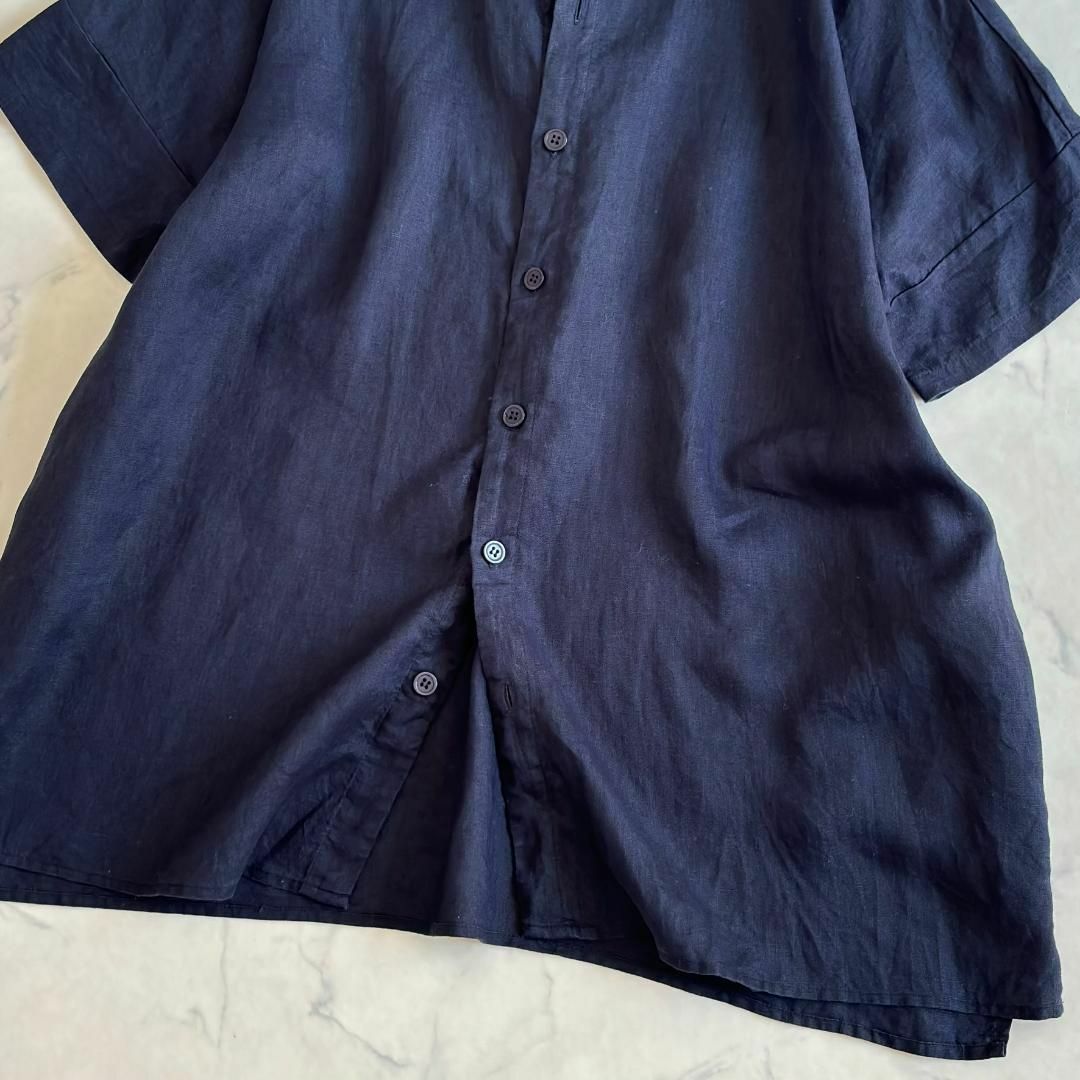 kOhAKU(コハク)のコハク 半袖リネンチュニック ロングシャツ ゆったり 濃紺 F gn7 レディースのトップス(チュニック)の商品写真