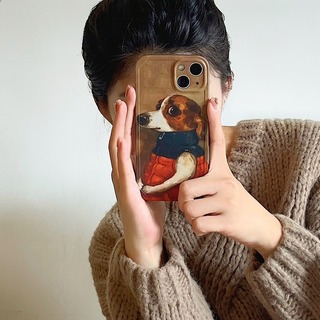 【大人気】iPhone15　スマホ　ケース　韓国　ブラウン　油絵　犬　茶　個性的(iPhoneケース)