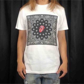 新品 ビッグ プリント ローリングストーンズ バンダナ柄 バンド ロゴ Tシャツ(Tシャツ/カットソー(半袖/袖なし))