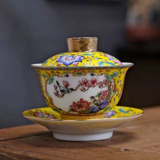 蓋碗　琺瑯彩 茶杯セット 茶器　三才碗 花柄 耐熱 陶磁器製の中国茶器 1客(食器)