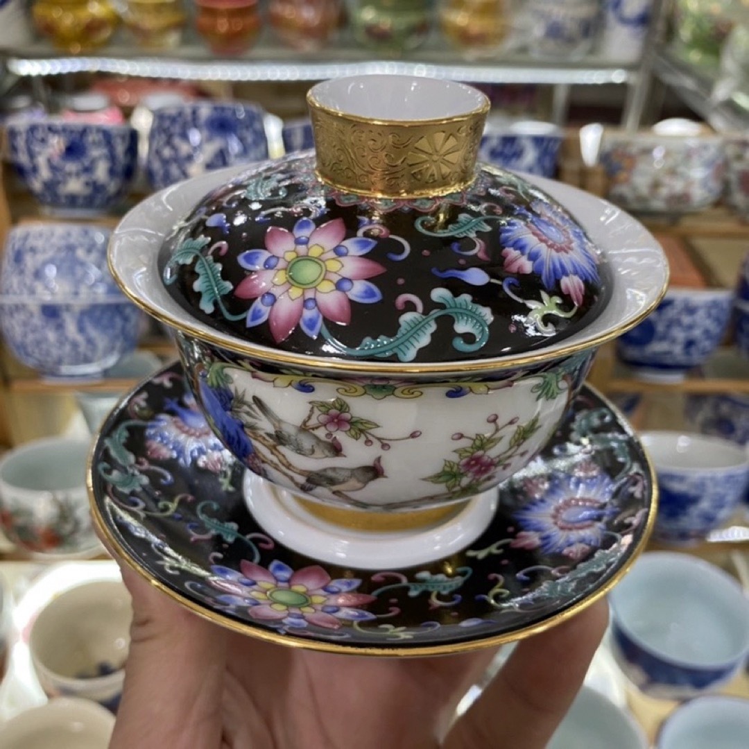 蓋碗　琺瑯彩 茶杯セット 茶器　三才碗 花柄 耐熱 陶磁器製の中国茶器 1客 インテリア/住まい/日用品のキッチン/食器(食器)の商品写真