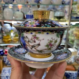 蓋碗　琺瑯彩 茶杯セット 茶器　三才碗 花柄 耐熱 陶磁器製の中国茶器 1客(食器)