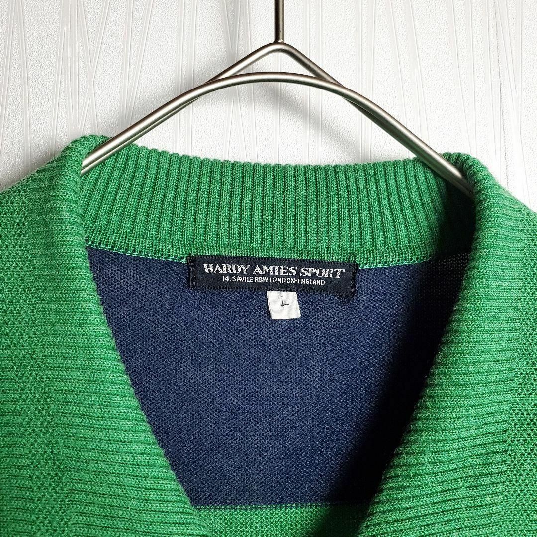 VINTAGE(ヴィンテージ)のサマーニット ニットポロ グリーン 緑紺 バイカラー 刺繍 ハーフボタン 古着 メンズのトップス(ニット/セーター)の商品写真