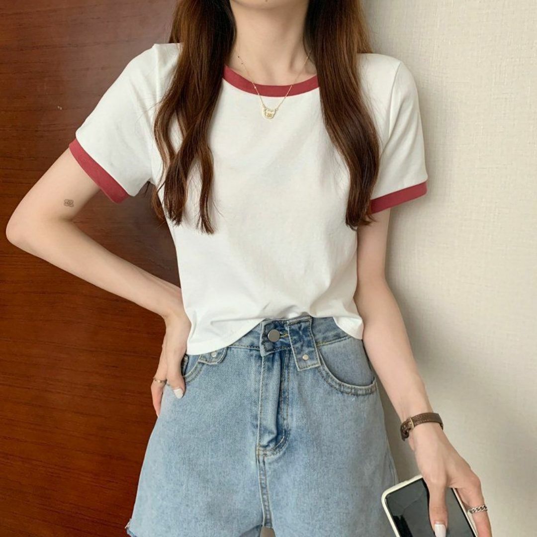 半袖　Tシャツ　リンガーシャツ　ホワイト　Mサイズ レディースのトップス(Tシャツ(半袖/袖なし))の商品写真