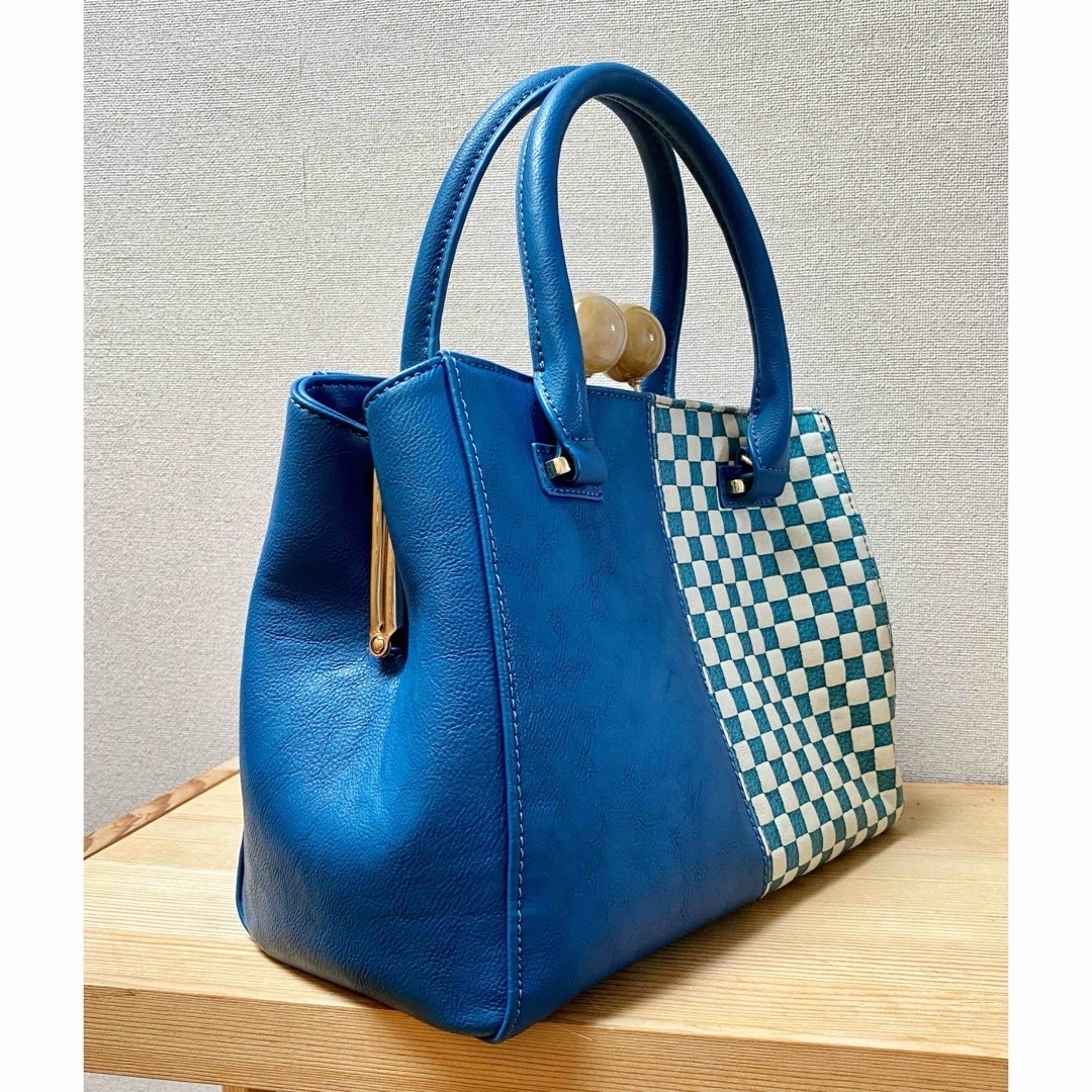 ふりふ　がま口バッグ　市松模様　ショルダーバッグ　ブルー レディースのバッグ(ショルダーバッグ)の商品写真