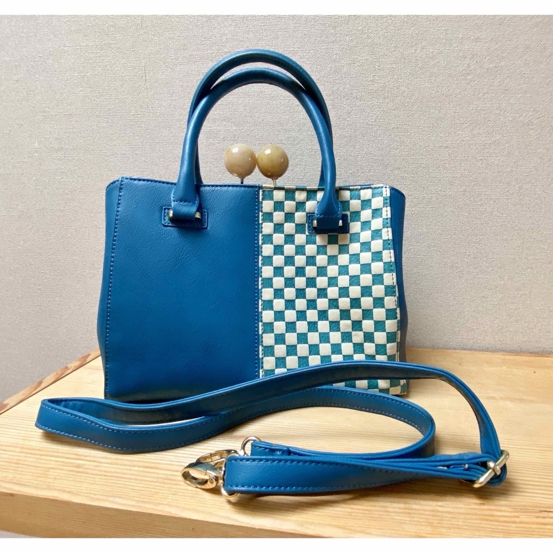 ふりふ　がま口バッグ　市松模様　ショルダーバッグ　ブルー レディースのバッグ(ショルダーバッグ)の商品写真