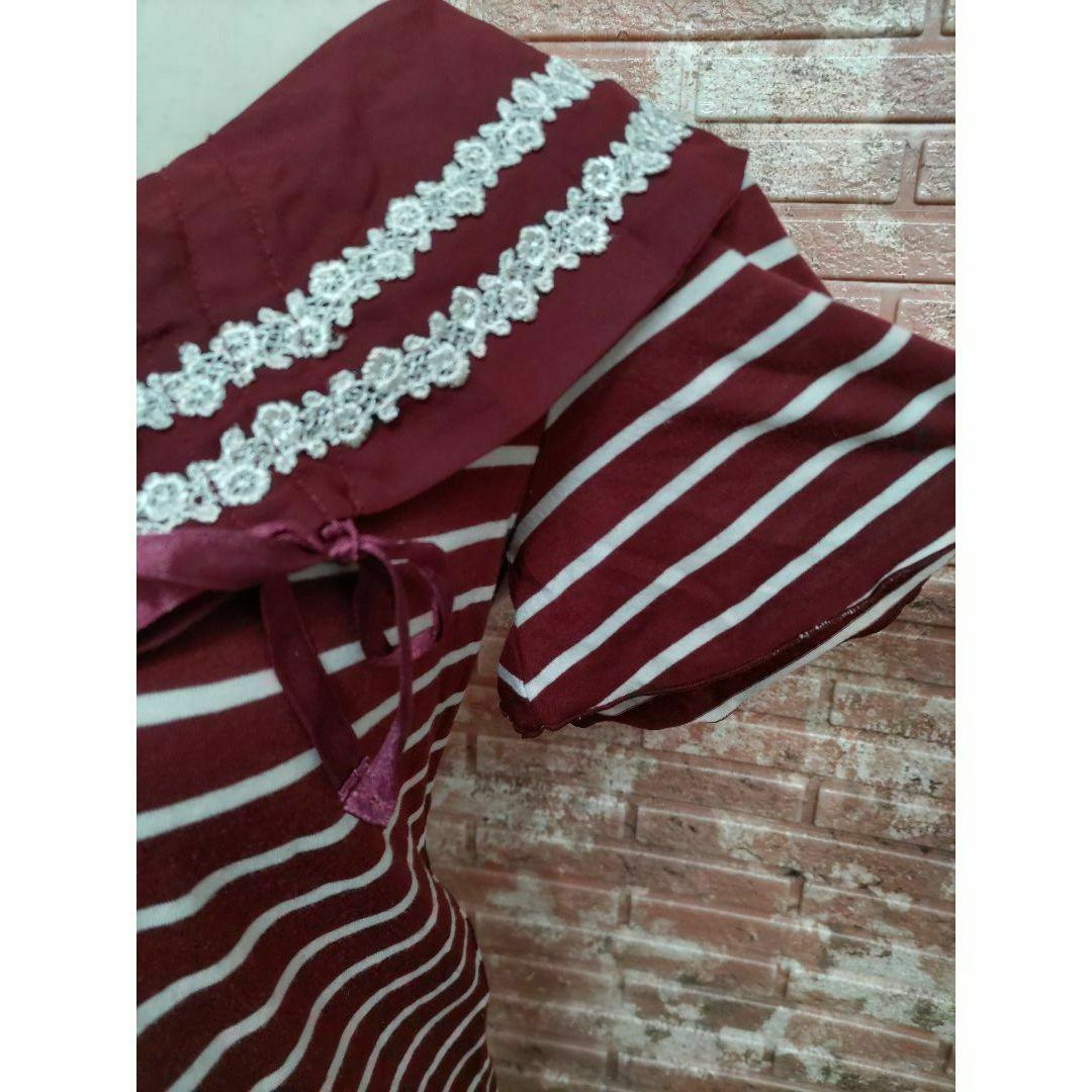 axes femme(アクシーズファム)のアクシーズファム フリル付きケープカラー 半袖ボーダーTシャツ 赤 M レディースのトップス(Tシャツ(半袖/袖なし))の商品写真