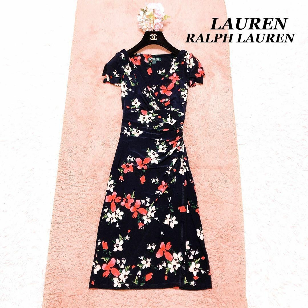 Ralph Lauren(ラルフローレン)の✽極美品✽ LAUREN ラルフローレン　ドレープ　ワンピース　花柄　0 S位 レディースのワンピース(ひざ丈ワンピース)の商品写真