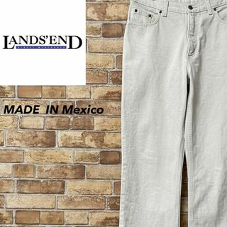 ランズエンド(LANDS’END)のランズエンド　メキシコ製　ホワイトデニム　ジーンズ　ジーパン　革パッチ　太め(デニム/ジーンズ)