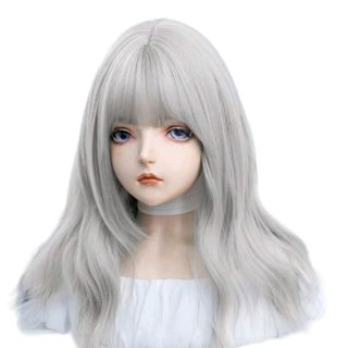 ロングヘアーフルウィッグ自然なＩ型つむじ人工皮膚グレー灰色Grayシルバー銀巻毛(ロングカール)