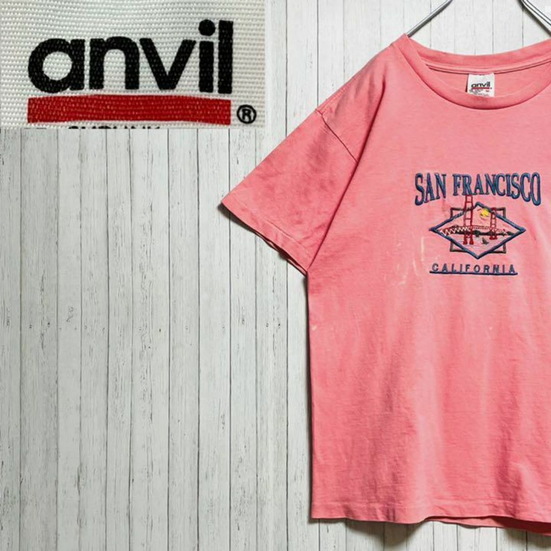 anvil Tシャツ　ビッグ刺繍　ピンク　カリフォルニア　サンフランシスコ　M メンズのトップス(Tシャツ/カットソー(半袖/袖なし))の商品写真