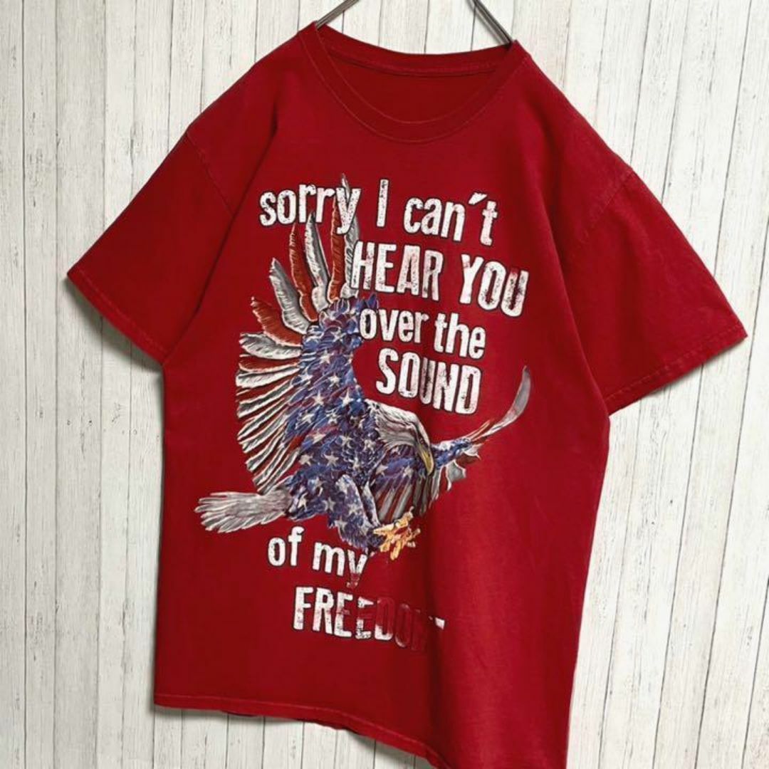 ビッグプリント　Tシャツ　USA 赤　古着　ロック　サウンド　フリーダム メンズのトップス(Tシャツ/カットソー(半袖/袖なし))の商品写真