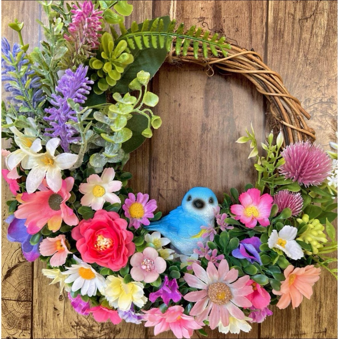 幸せを運ぶ鳥 青い鳥 ラベンダー カラフル フラワーリース 小鳥 ハンドメイドのフラワー/ガーデン(リース)の商品写真