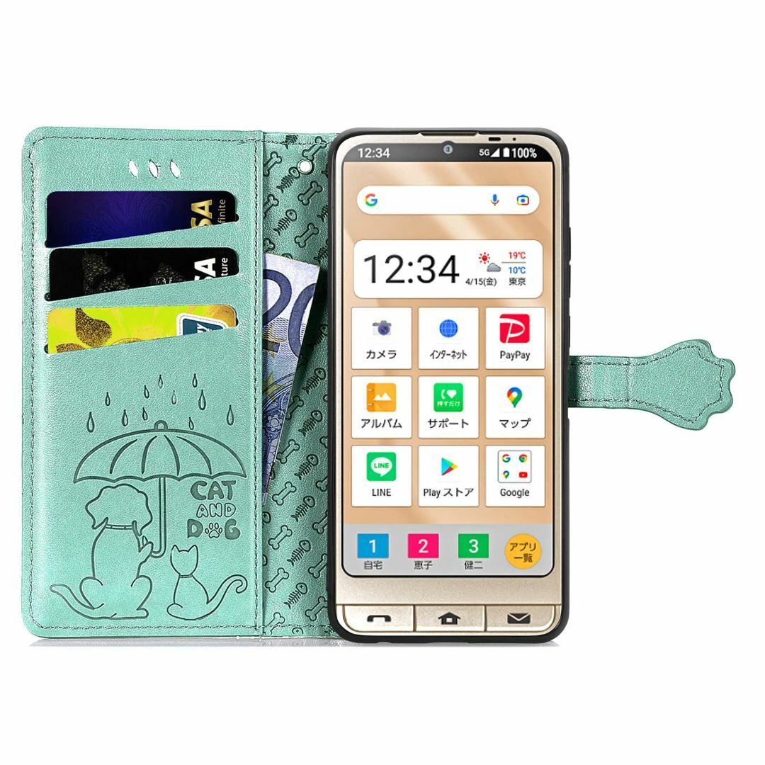 【色:グリーン】シンプルスマホ6 ケース 手帳型 対応 可愛い 猫 犬 スマート スマホ/家電/カメラのスマホアクセサリー(その他)の商品写真