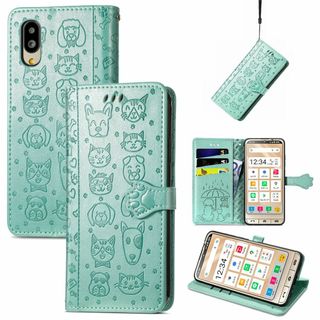 【色:グリーン】シンプルスマホ6 ケース 手帳型 対応 可愛い 猫 犬 スマート(その他)