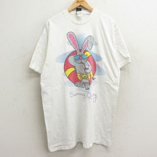 古着 半袖 ビンテージ Tシャツ ワンピース レディース 90年代 90s ウサギ 大きいサイズ ロング丈 コットン クルーネック USA製 白 ホワイト 24apr15 中古(ミニワンピース)