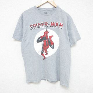 マーベル(MARVEL)のL★古着 半袖 Tシャツ メンズ マーベル スパイダーマン クルーネック グレー 霜降り 24apr15 中古(Tシャツ/カットソー(半袖/袖なし))