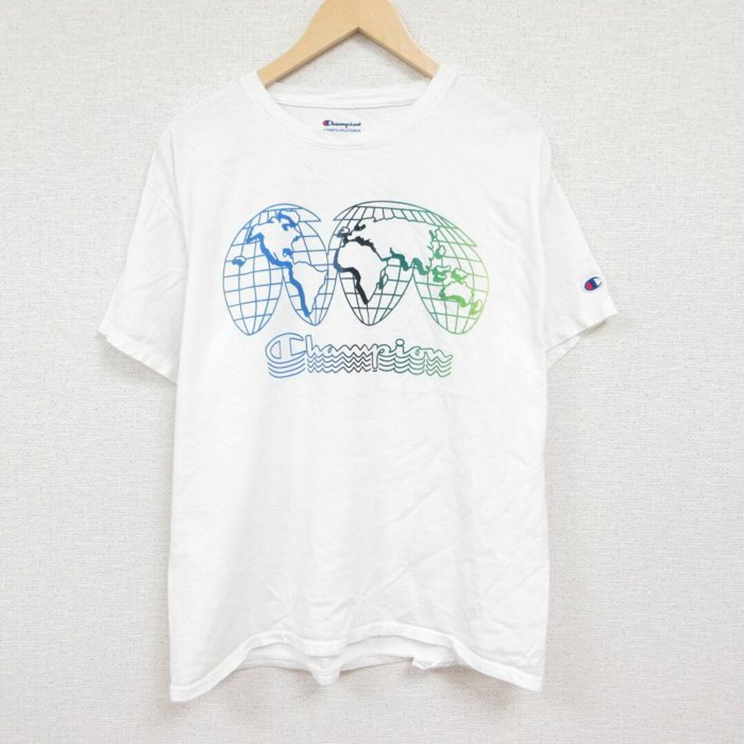 Champion(チャンピオン)のXL★古着 チャンピオン Champion 半袖 ブランド Tシャツ メンズ ビッグロゴ 世界地図 コットン クルーネック 白 ホワイト 24apr15 中古 メンズのトップス(Tシャツ/カットソー(半袖/袖なし))の商品写真