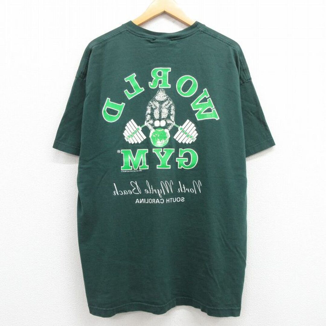 XL★古着 半袖 ビンテージ Tシャツ メンズ 90年代 90s ワールドジム 両面プリント 大きいサイズ コットン クルーネック 濃緑 グリーン 24apr15 中古 メンズのトップス(Tシャツ/カットソー(半袖/袖なし))の商品写真