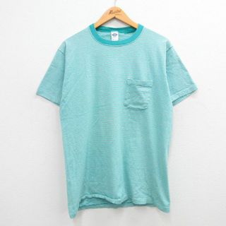 タウンクラフト(TOWNCRAFT)のL★古着 タウンクラフト 半袖 ビンテージ Tシャツ メンズ 90年代 90s コットン 胸ポケット付き クルーネック USA製 青緑他 ボーダー 【spe】 24apr15 中古(Tシャツ/カットソー(半袖/袖なし))