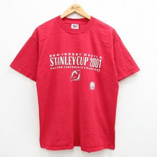 L★古着 半袖 ビンテージ Tシャツ メンズ 00年代 00s NHL ニュージャージーデビルス コットン クルーネック 赤 レッド アイスホッケー 24apr15 中古(Tシャツ/カットソー(半袖/袖なし))