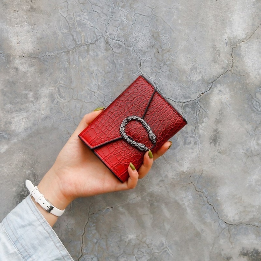 人気】高級感 ミニ財布 三つ折り財布 赤 クロコダイル ミニウォレット
