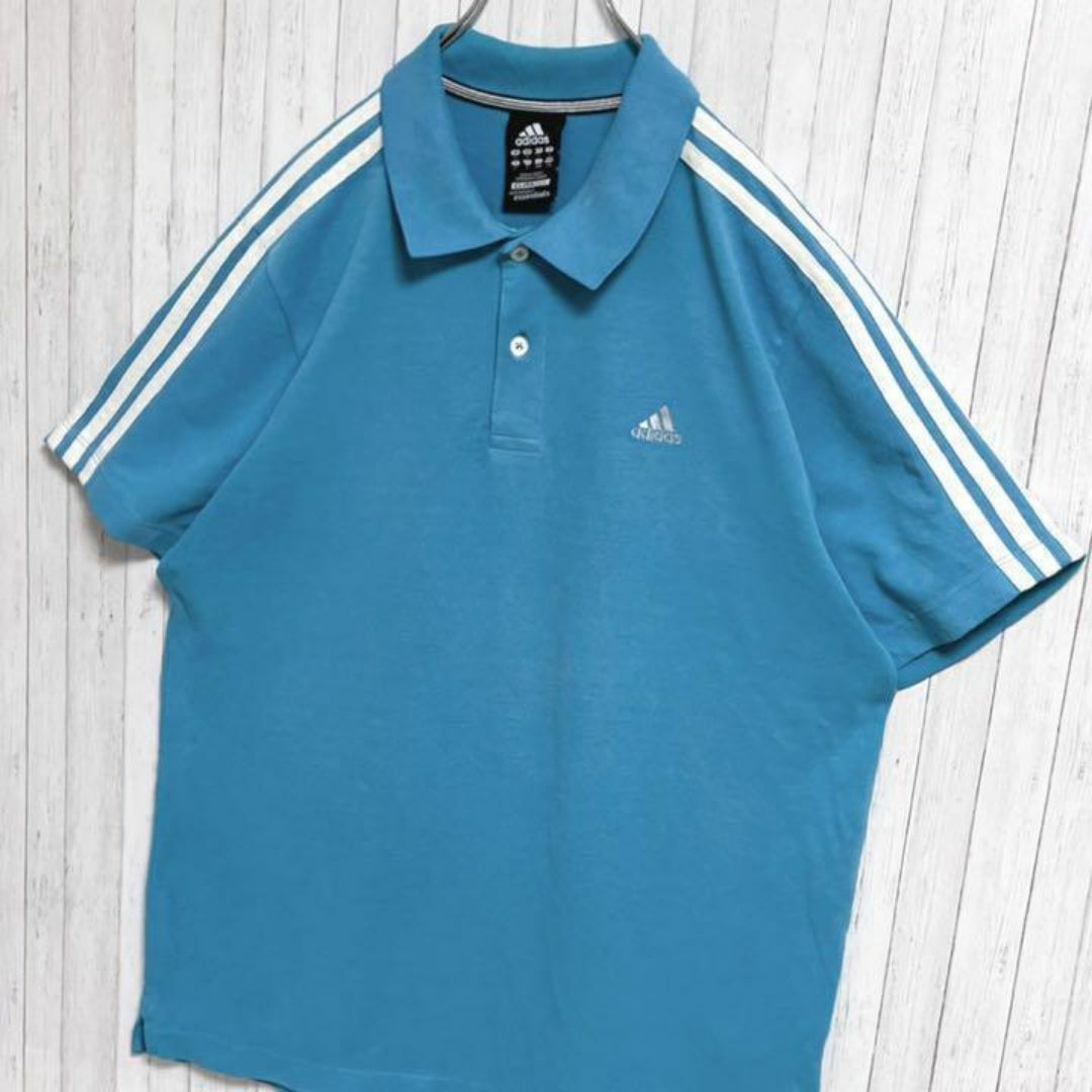 adidas(アディダス)のadidas　アディダス　ポロシャツ　半袖　スリーライン　刺繍ロゴ　ブルー　L メンズのトップス(ポロシャツ)の商品写真