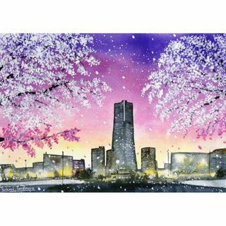 （原画）横浜・みなとみらいの桜が見える風景5【水彩画】絵画 インテリアにおすすめ(絵画/タペストリー)