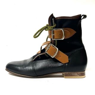 VivienneWestwood(ヴィヴィアンウエストウッド) ショートブーツ 7 レディース - 黒×ブラウン×ダークブラウン worlds end キャンバス×レザー