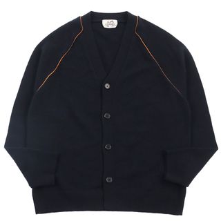 エルメス(Hermes)の美品●HERMES エルメス カシミヤ100％ ラムレザーパイピング ニットカーディガン ブラック オレンジ XL イタリア製 正規品 メンズ(カーディガン)