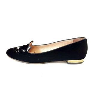 シャルロットオリンピア(Charlotte Olympia)のCharlotte Olympia(シャーロットオリンピア) フラットシューズ 37 1/2 レディース - 黒×ゴールド ネコ/アウトソール張替済 ベロア(その他)