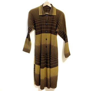 プリーツプリーズイッセイミヤケ(PLEATS PLEASE ISSEY MIYAKE)のPLEATS PLEASE(プリーツプリーズ) カーディガン サイズ2 M レディース ダークブラウン×イエロー ロング丈/プリーツ/ボーダー/春・秋物 綿、ポリエステル(カーディガン)