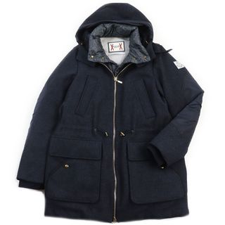 モンクレール(MONCLER)の美品●MONCLER GAMME BLEU モンクレール ガムブルー GIACCONE レイヤード ロゴワッペン付き フーデッド ウールダウンコート ブルー 1 イタリア製 国内正規品 メンズ(ダウンジャケット)