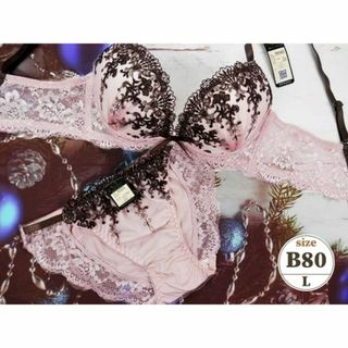 SE55★B80 L★脇高ブラショーツセット ダマスク刺繍 ピンク(ブラ&ショーツセット)