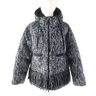 モンクレール(MONCLER)の極美品★MONCLER モンクレール 2021年製 ELEUSINE フード・ロゴワッペン付 裾フリンジ ツイード ダウンジャケット ブラック ホワイト 1 正規品 レディース 定価277,200円(ダウンジャケット)