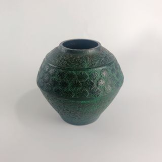 ヴィンテージ　金属工芸　青銅色　印花　花器 壺　オリエンタル　(金属工芸)