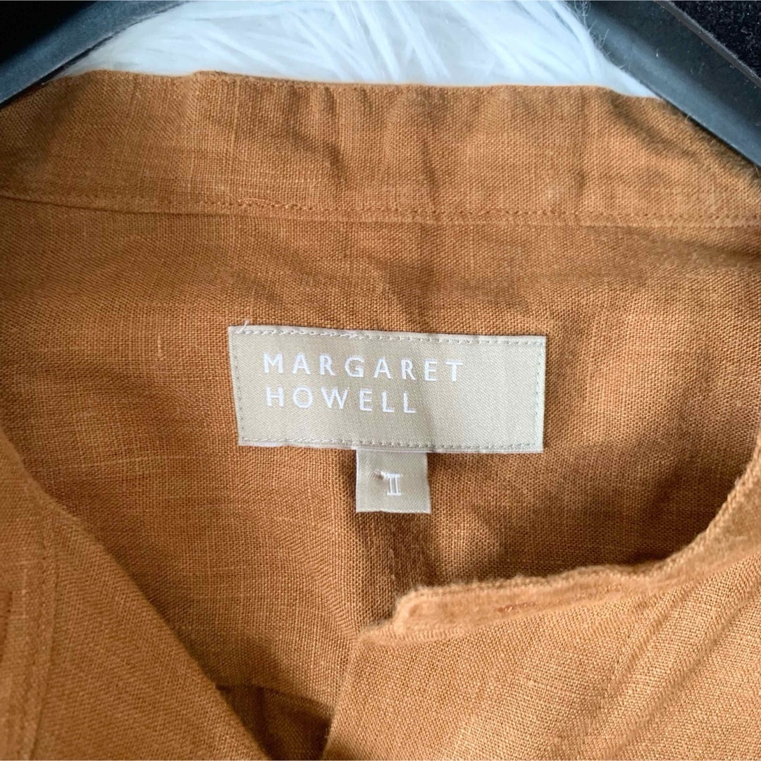 MARGARET HOWELL(マーガレットハウエル)の【美品】マーガレットハウエル バンドカラーリネンシャツ 麻 カフス Ⅱサイズ レディースのトップス(シャツ/ブラウス(長袖/七分))の商品写真